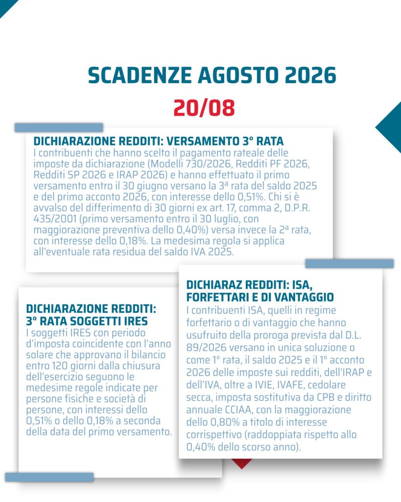ELENCO Scadenze fiscali mese di agosto 2026